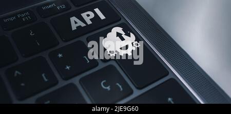Banner of laptop keyboard with API acronym word icon concept. Application Programming Interface. Software Development. Stock Photo