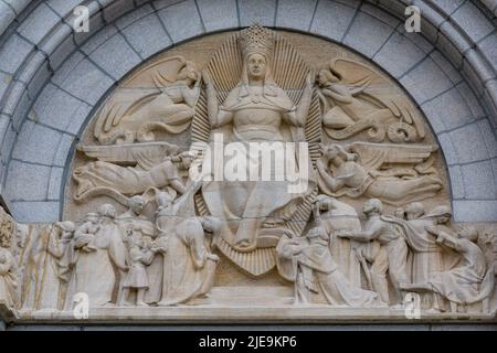 Art on top of main entrance of the Basilica of Sainte-Anne-de-Beaupre, Cathedral, Quebec an important Catholic sanctuary Stock Photo