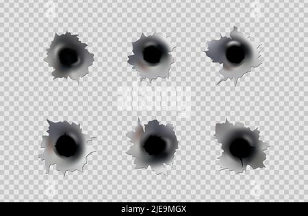 Bullet holes of gun or pistol. Shoot in metal single and double hole. Damage and cracks on surface. Vector isolated on background Stock Vector