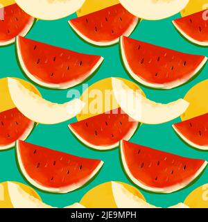 Summer seamless pattern with watermelon slices and melon on a blue background Stock Vector