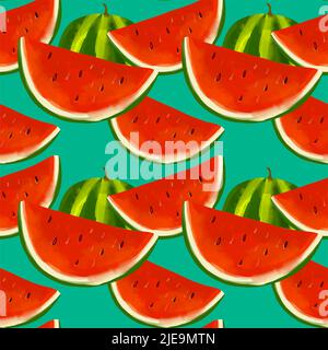 Summer seamless pattern with watermelon slices on blue background Stock Vector