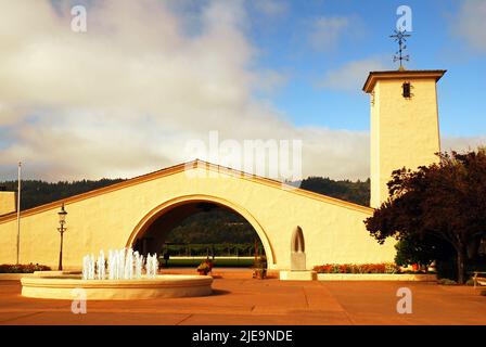 The Robert Mondavi winery in the Napa Valley is built in the Spanish California Mission Style to compliment the vineyard and wine making facilities Stock Photo