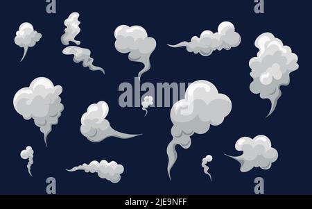 Smoke smell clouds in cartoon. White fog isolated clipart.Puff of wind, steam, smog, dust. Vector illustration Stock Vector