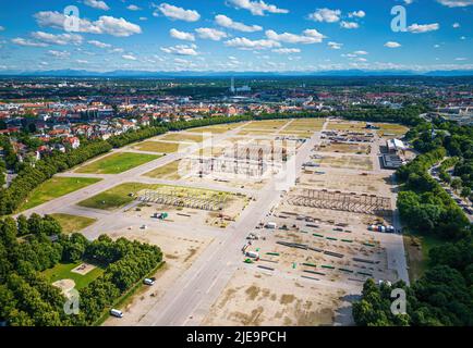 MUNICH, GERMANY - JUNE 25: First beerhalls are beeing set up for the Oktoberfest on June 25, 2022 in Munich, Germany. It's the first Oktoberfest after Stock Photo