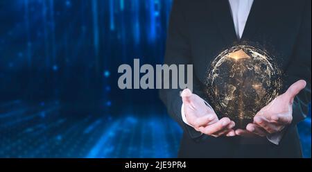 Businesman are using innovative technology. Mixed media, digital concepts and connecting the world. Businessman holding in hand with global connection Stock Photo