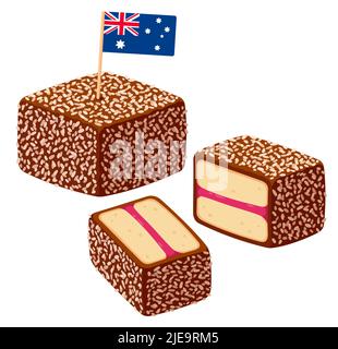 Lamington, traditional Australian dessert. Sponge cake with lstrawberry jam covered in chocolate and coconut. Aussie flag for Lamington day. Vector cl Stock Vector