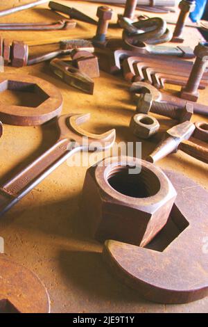 Metal tools used to build things, Distributed on a support surface Stock Photo
