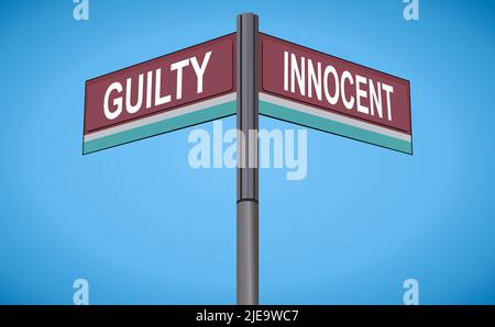 Dead on one side with Innocent on another direction, chrome road sign, with read and green direction arrow labels, Bluish Cyan Background. Stock Vector