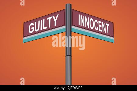 Guilty on one side with Innocent another direction, chrome road sign, with read and green direction arrow labels, Halloween Orange Background. Stock Vector