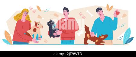People loving and caring for domestic animals, pets and owners characters for any topic of veterinary and pets, health and care flat vector isolated o Stock Vector