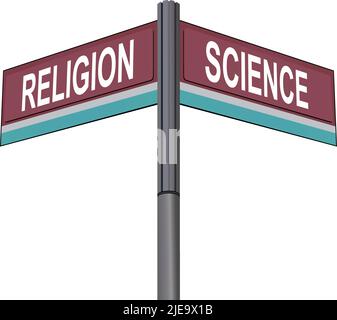 Religion on one side with Science another direction, chrome road sign, with read and green direction arrow labels, White Background. Stock Vector