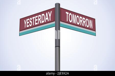 Yesterday on one side with Tomorrow another direction, chrome road sign, with read and green direction arrow labels, Blue Chalk Background. Stock Vector