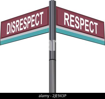 Disrespect on one side with Respect another direction, chrome road sign, with read and green direction arrow labels, White Background. Stock Vector