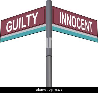 Guilty on one side with Innocent another direction, chrome road sign, with read and green direction arrow labels, White Background. Stock Vector