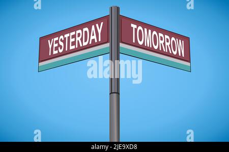 Yesterday on one side with Tomorrow another direction, chrome road sign, with read and green direction arrow labels, Bluish Cyan Background. Stock Vector