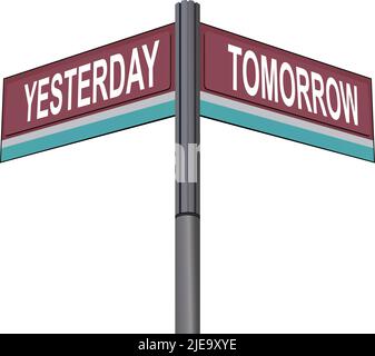 Yesterday on one side with Tomorrow another direction, chrome road sign, with read and green direction arrow labels, White Background. Stock Vector