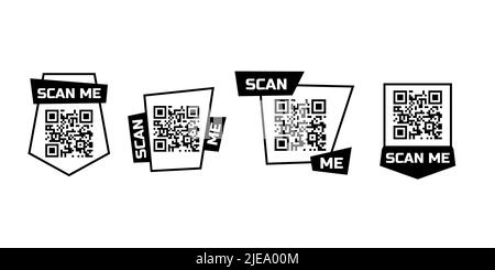 Scan me qr code icon for smartphone bundle. Set of frames quick barcode app design. Vector payment phone template Stock Vector