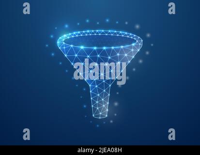 Funnel 3d symbol in blue low poly style. Data filter, sale strategy, client flow design concept illustration. Big data polygonal wireframe. Stock Vector