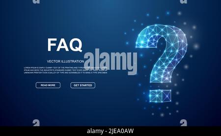 Question mark 3d low poly symbol with connected dots for blue landing page. Help support design illustration concept. Polygonal FAQ illustration Stock Vector