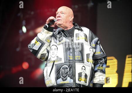 Leeds, UK. 25th June, 2022. Buster Bloodvessel Performing with Bad Manners at Lets Rock Leeds 80s Festival. Credit: SOPA Images Limited/Alamy Live News Stock Photo