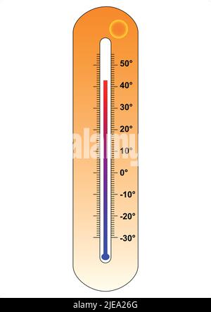 mercury thermometer, hot temperature. Vector illustration, yellow and white background Stock Vector