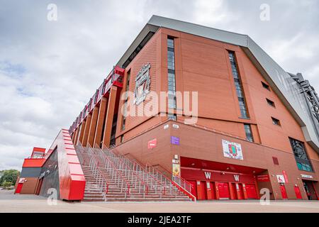 Steps and railings lead up to the new main stand at Anfield stadium, home of Liverpool Football Club seen in June 2022. Stock Photo