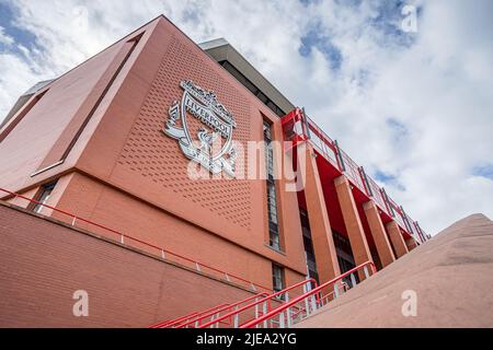 Looking up at the Main Stand at Anfield stadium, home to Liverpool Football Club pictrued in June 2022. Stock Photo