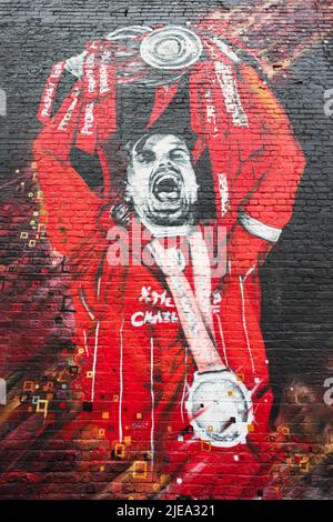 A vivid mural of Liverpool FC captain Jordan Henderson lifting the Premier League trophy in the 2019-20 season.  Seen in Anfield, Liverpool in June 20 Stock Photo