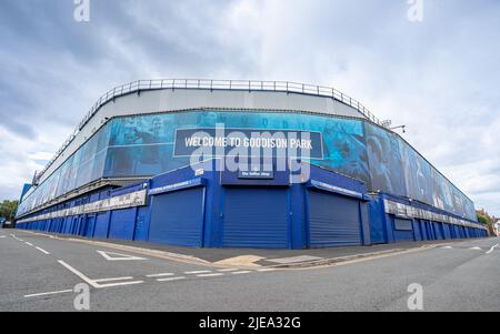 Looking up at the Goodison Park stadium, home of Everton Football Club in June 2022 at the junction of Gwladys Street and Bullens Road. Stock Photo