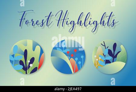 Minimalistic abstract forest art icon collection. Round templates  Stock Vector