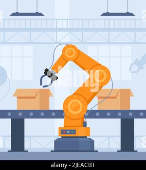 Automation production line with robot technologies. Robotic arms collect goods in boxes. Vector illustration Stock Vector