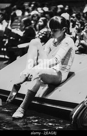 Nadia Comanici (ROM) cometing at the 1976 American Cup Stock Photo