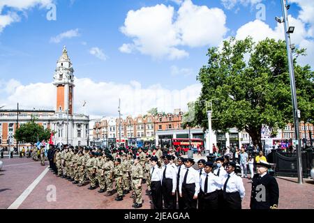 London, UK. 26th June, 2022. Army Cadets in Windrush square. The Windrush generation is Caribbean immigrants and their decedents who came to the shores of Britain on 22nd June the day HMT Empire Windrush arrived at Tilbury Docks in 1948. Credit: SOPA Images Limited/Alamy Live News Stock Photo