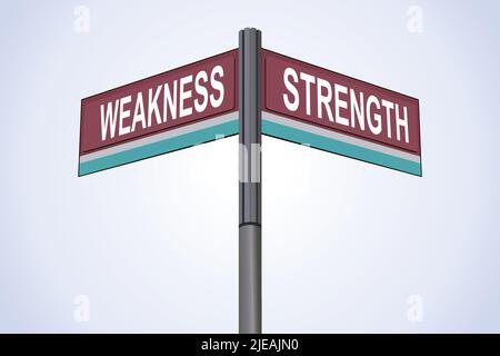 Weakness on one side with Strength another direction, chrome road sign, with read and green direction arrow labels, Blue Chalk Background. Stock Vector