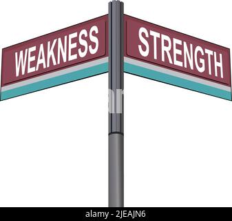 Weakness on one side with Strength another direction, chrome road sign, with read and green direction arrow labels, White Background. Stock Vector