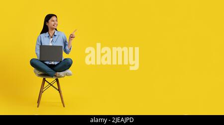 Smiling millennial asian lady sitting on chair and working on laptop, pointing finger at empty space Stock Photo