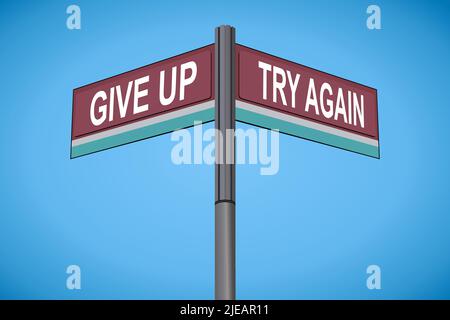 Give Up on one side with Try Again another direction, chrome road sign, with read and green direction arrow labels, Bluish Cyan Background. Stock Vector