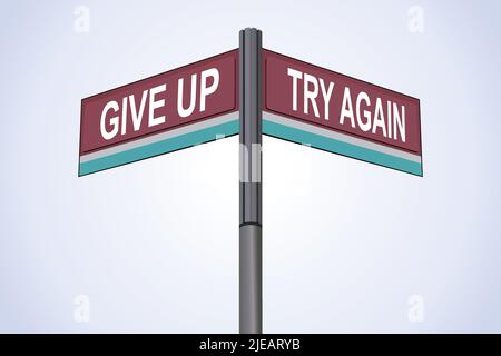 Give Up on one side with Try Again another direction, chrome road sign, with read and green direction arrow labels, Blue Chalk Background. Stock Vector