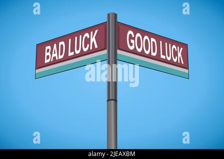 Bad Luck on one side with Good Luck another direction, chrome road sign, with read and green direction arrow labels, Bluish Cyan Background. Stock Vector