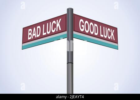 Bad Luck on one side with Good Luck  another direction, chrome road sign, with read and green direction arrow labels, Blue Chalk Background. Stock Vector