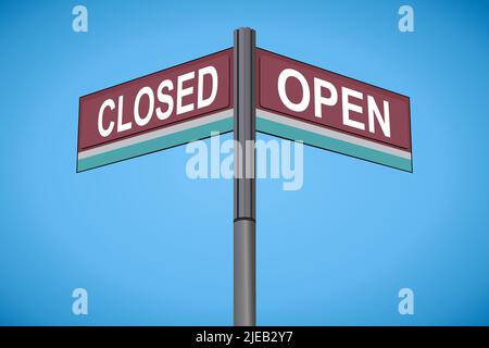 Closed on one side with Open another direction, chrome road sign, with read and green direction arrow labels, Bluish Cyan Background. Stock Vector