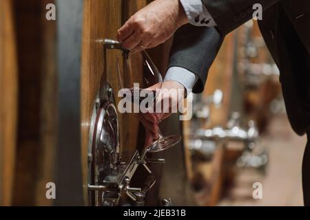 Senior man winemaker at winery checking barrels in wine cellar. Stock Photo