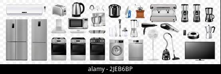 A set of household appliances: microwave oven, washing machine, refrigerator, vacuum cleaner, multicooker, food processor, blender, iron, juicer blend Stock Vector