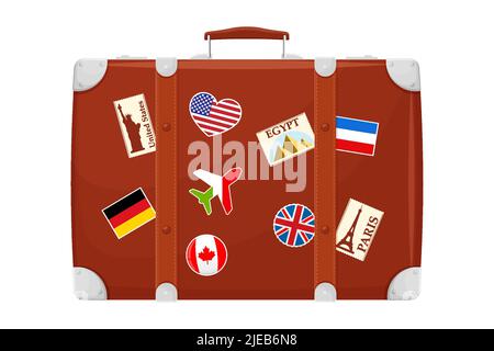 Retro Brown Leather suitcase With Travel Stickers, Metal Corners and Belts, Isolated on White Background. Icon Close Up. Vacation and Travel Concept. Stock Vector