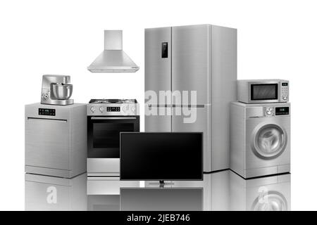 A set of household appliances: microwave oven, washing machine, refrigerator, vacuum cleaner, iron, stove, fan, air conditioner,TV, dishwasher, kettle Stock Vector