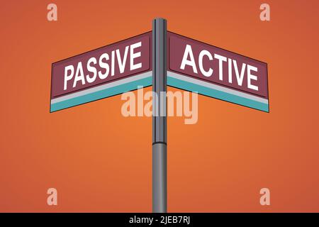 Passive on one side with Active another direction, chrome road sign, with read and green direction arrow labels, Halloween Orange Background. Stock Vector