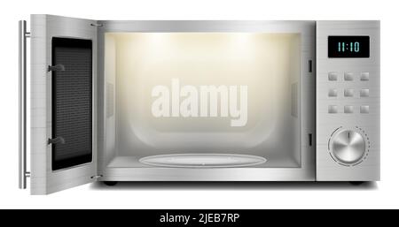 Vector 3d realistic microwave oven with light inside, with open door, front view isolated on background. Household appliance to heat and defrost food, Stock Vector
