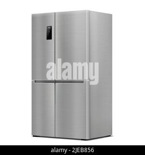 Stainless Steel Double Door Refrigerator. Side View . Realistic 3d rendering. American Style Fridge. Isolated vector illustration on White background. Stock Vector