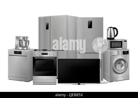 A set of household appliances: microwave oven, washing machine, refrigerator, vacuum cleaner, iron, stove, fan, air conditioner,TV, dishwasher, kettle Stock Vector