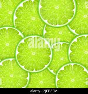 Background of fresh green lime slices. Seamless pattern for your design. Realistic 3d vector illustration. Close-up. Stock Vector